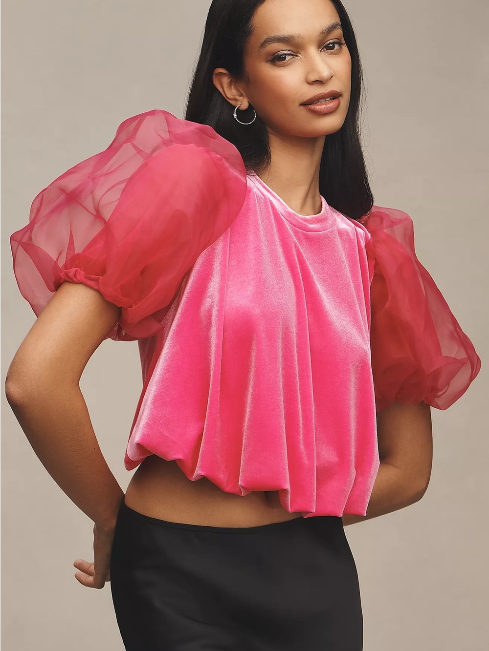 Maeve Anthropologie Puff-Sleeve Velvet Blouse Pink Size M